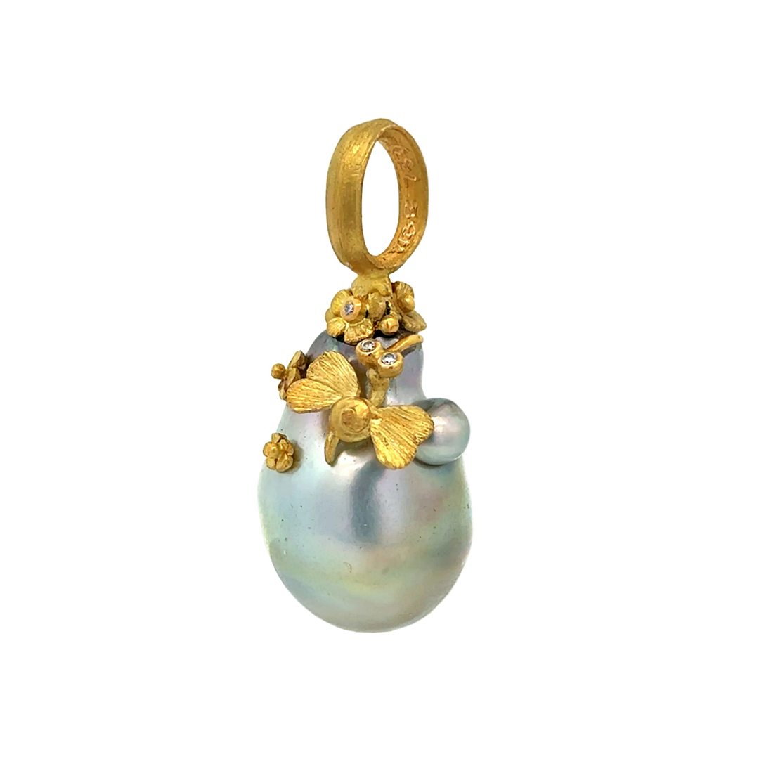 South Sea Pearl Hummingbird & Flower Diamond Pendant