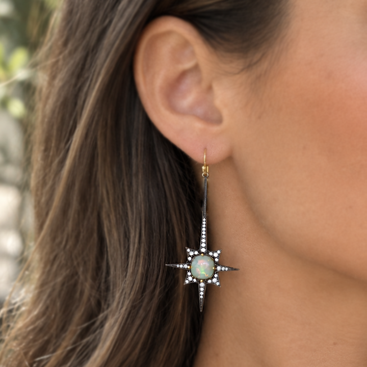 Opal And Diamond Starburst Drop Earrings