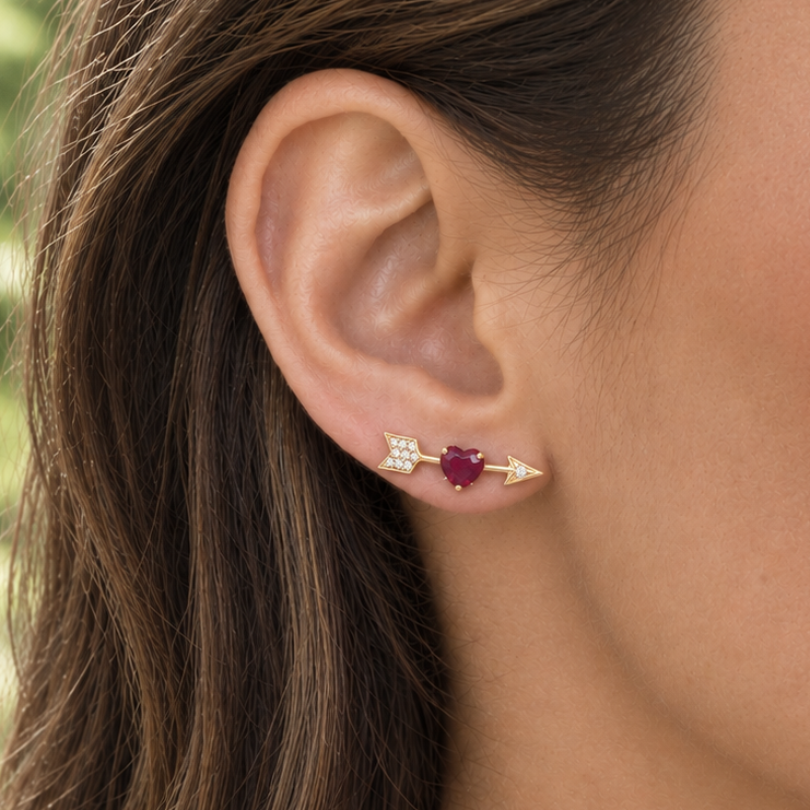 Ruby Heart And Diamond Arrow Stud Earrings