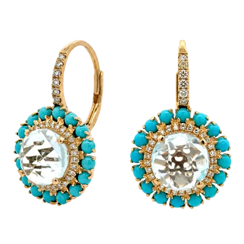 Blue Topaz With Turquoise And Diamonds Drop Earrings