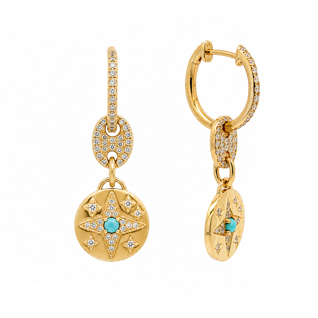Diamond and Turquoise Star Drop Huggie Earrings