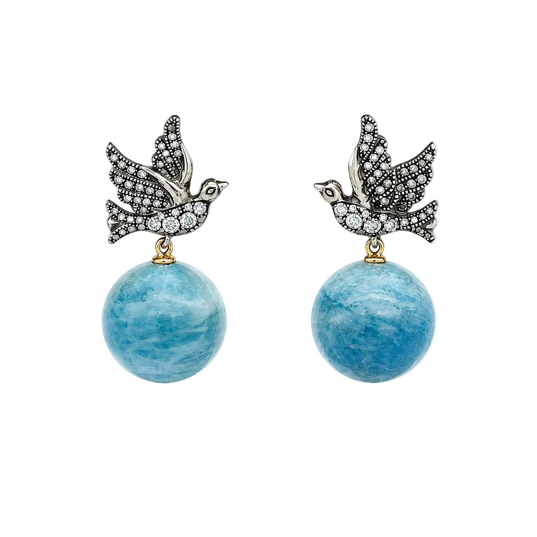 Aquamarine and Diamond Bird Drop Earrings