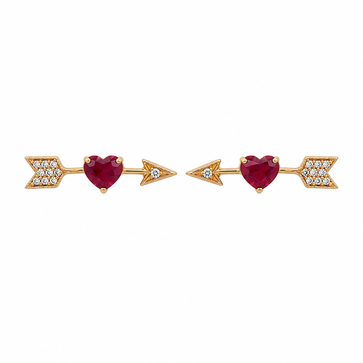 Ruby Heart And Diamond Arrow Stud Earrings