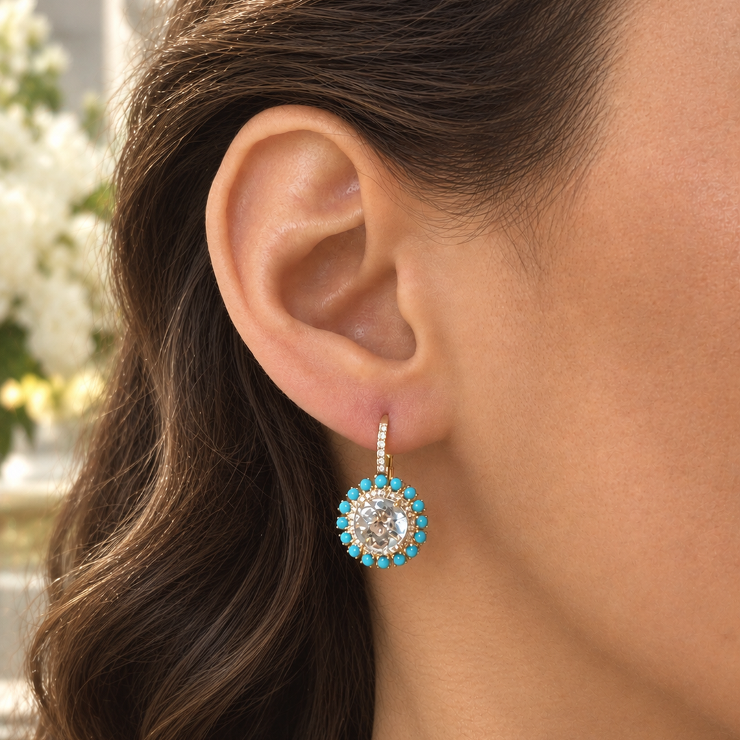 Blue Topaz With Turquoise And Diamonds Drop Earrings
