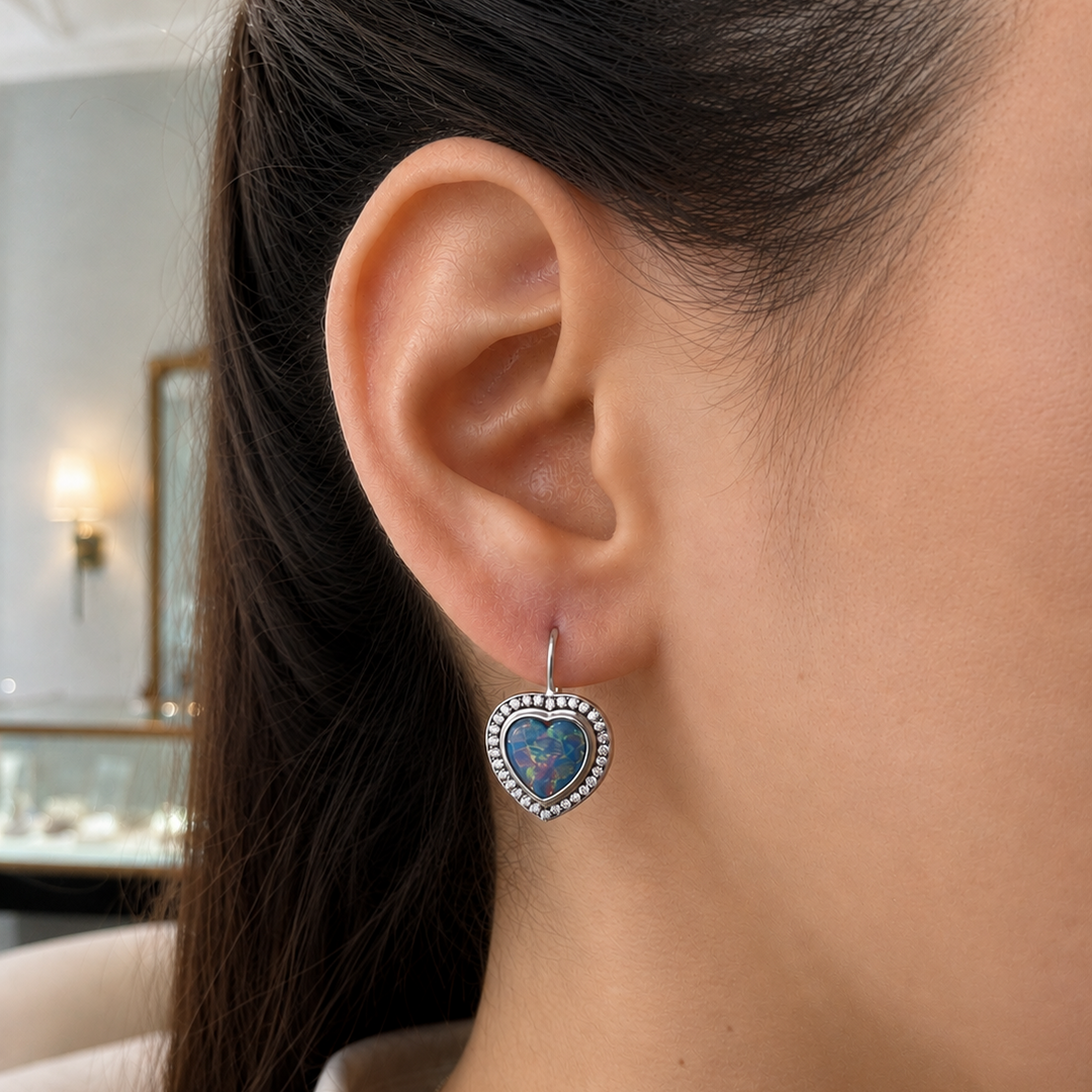 Heart Shaped Opal Drop Earrings