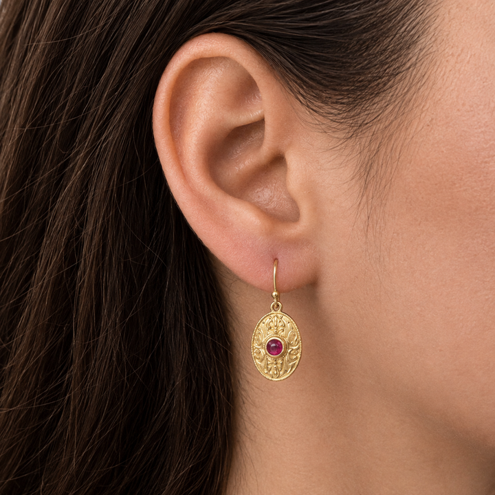 Hand Engraved Ruby Earrings