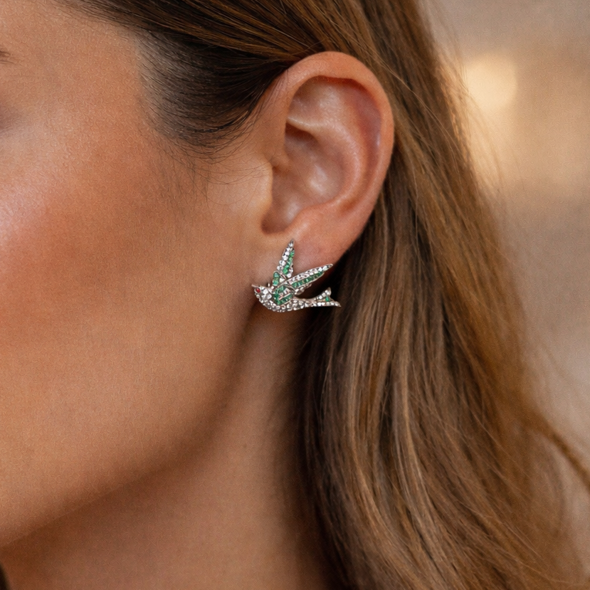 Diamond and Emerald Bird Stud Earrings