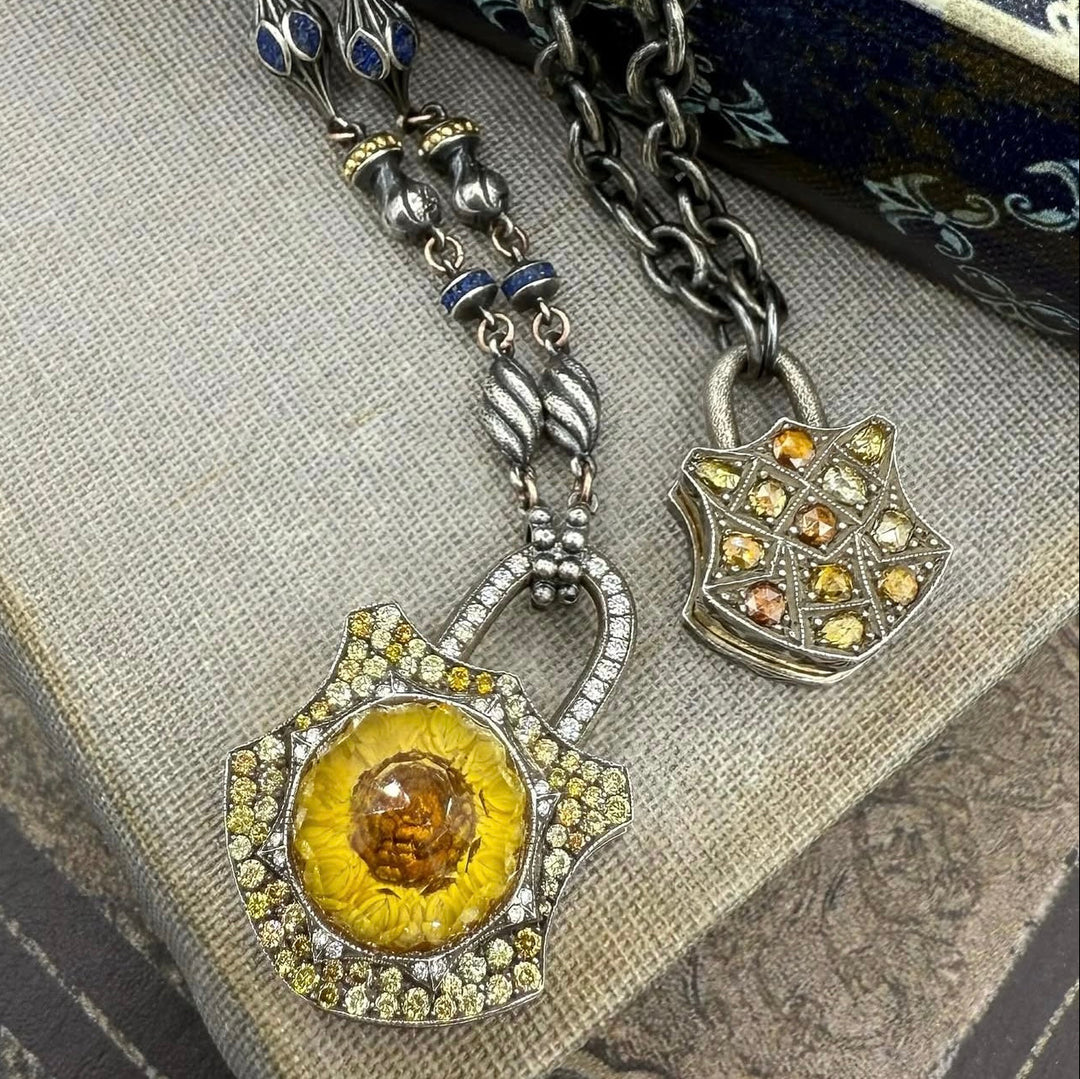 Hand Carved Sunflower Padlock Pendant