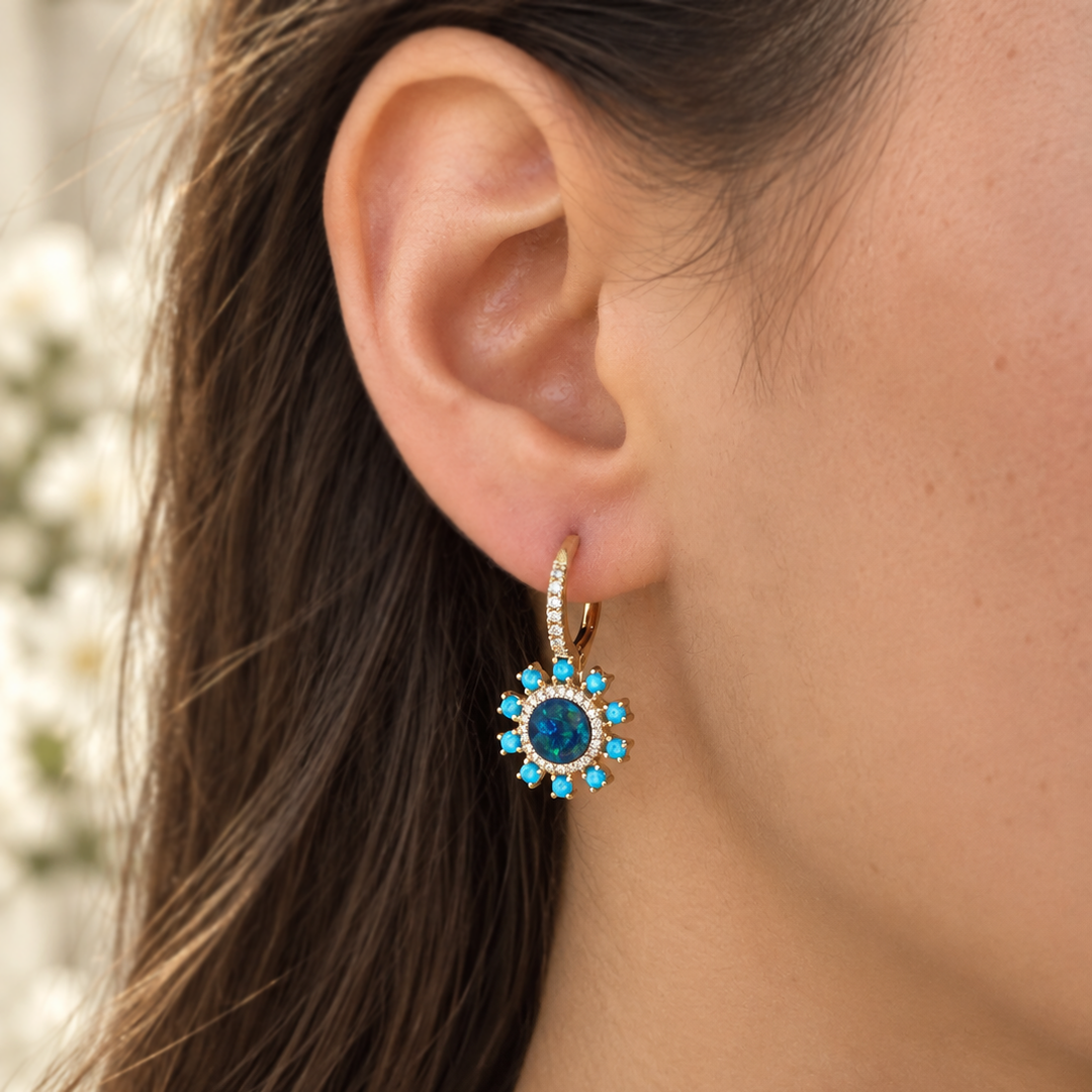 Opal, Turquoise and Diamond Drop Earrings