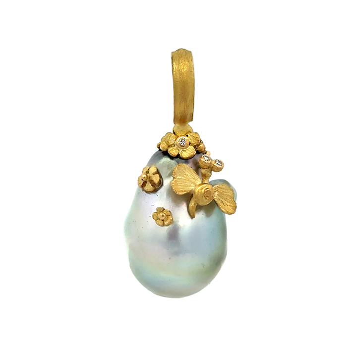 South Sea Pearl Hummingbird & Flower Diamond Pendant