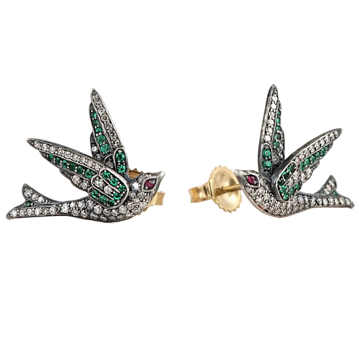 Diamond and Emerald Bird Stud Earrings